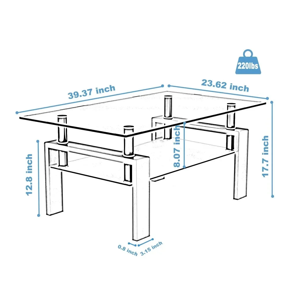 Rectangle Tempered Glass Coffee, Tube Legs End Table