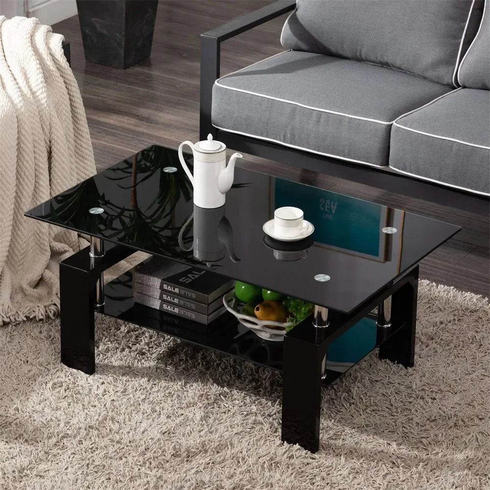 Rectangle Tempered Glass Coffee, Tube Legs End Table