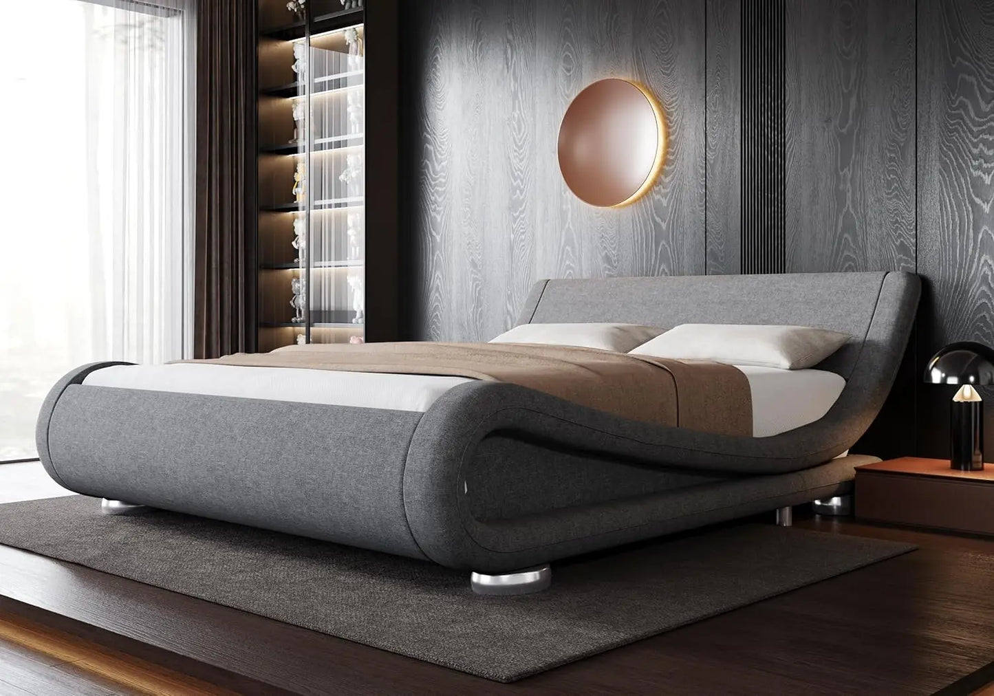 Upholstered Platform Bed Frame,, Low Profile Sleigh Design for Elegant Bedroom