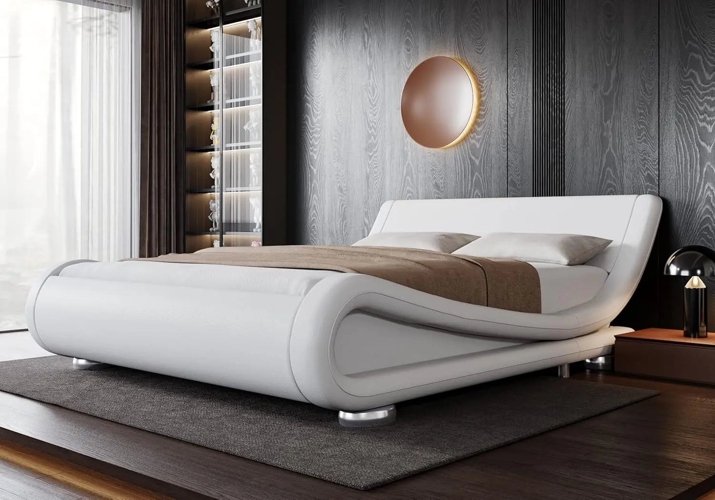 Upholstered Platform Bed Frame,, Low Profile Sleigh Design for Elegant Bedroom