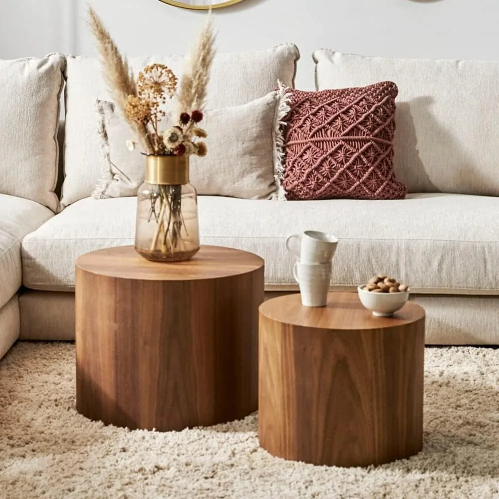 Coffee Table Set of 2, Walnut Round Wooden Coffee Tables