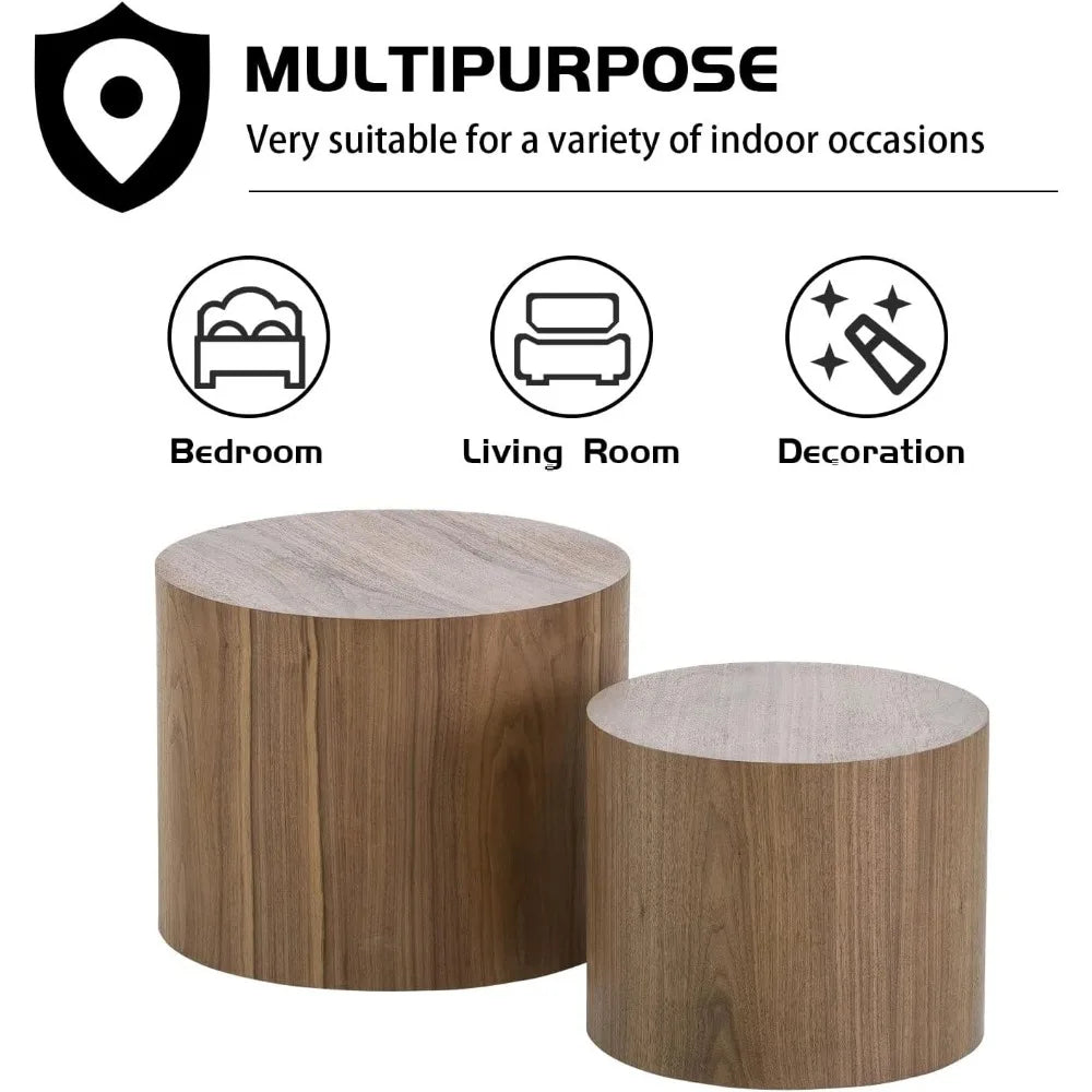 Coffee Table Set of 2, Walnut Round Wooden Coffee Tables