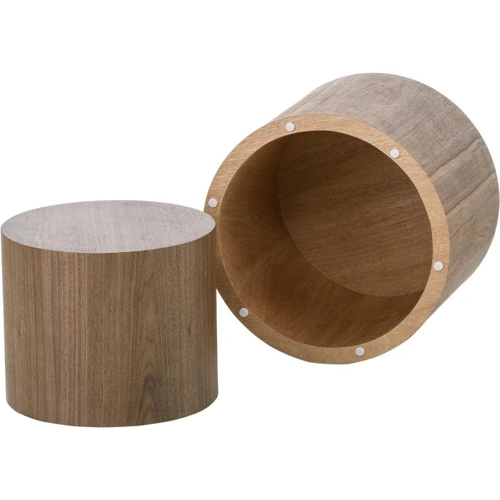 Coffee Table Set of 2, Walnut Round Wooden Coffee Tables