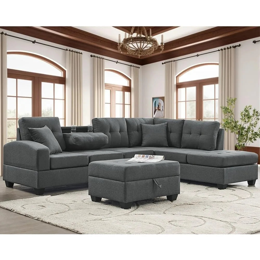 Living Room Sofa Set , L ShapeCorner Sofa Cup Holder