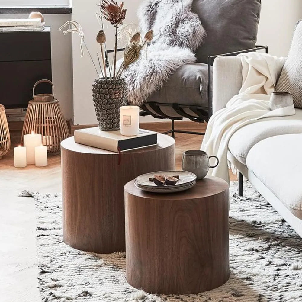 Coffee Table Set of 2, Walnut Round Wooden Coffee Tables